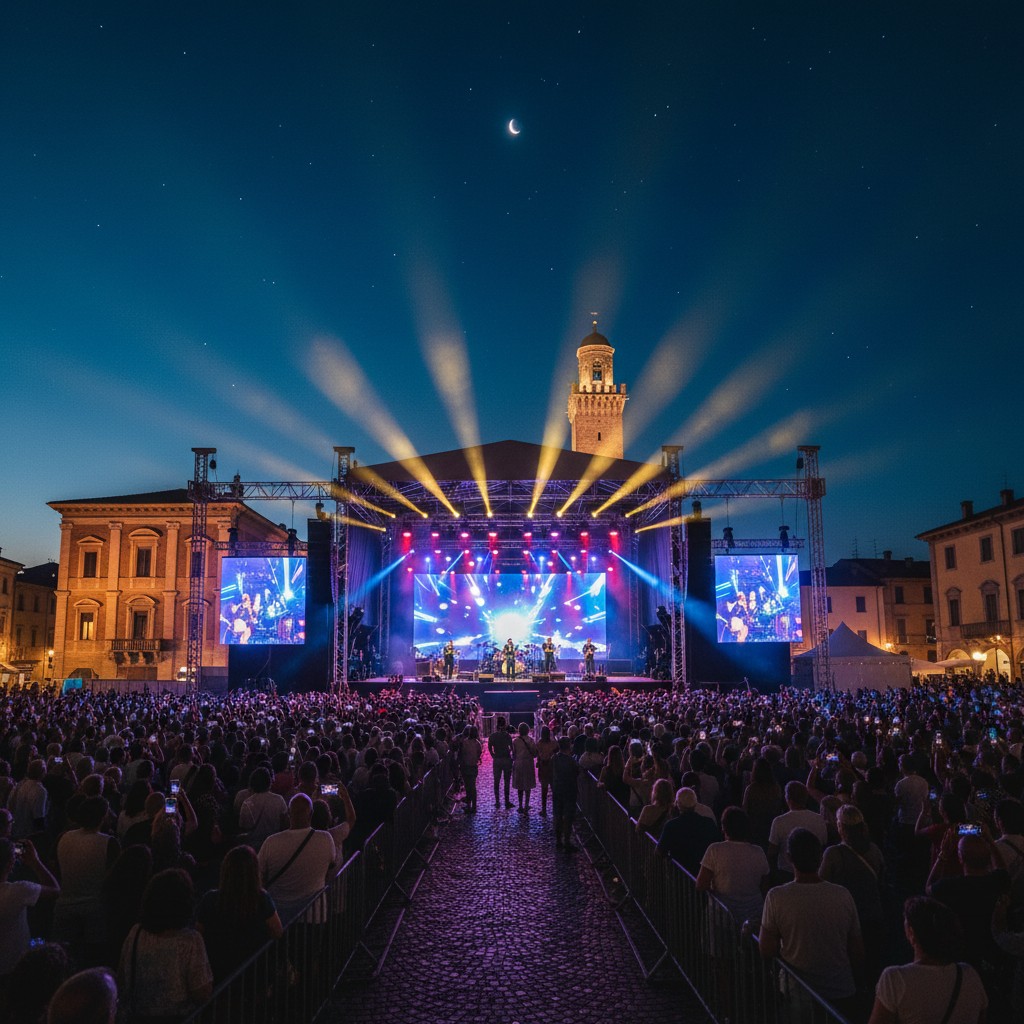 Concert underway on outdoor stage surrounded by crowd of onlookers in the evening.