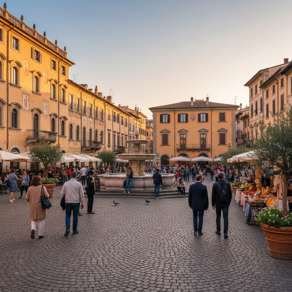 people street street vendor shop cobblestone fountain market town square.