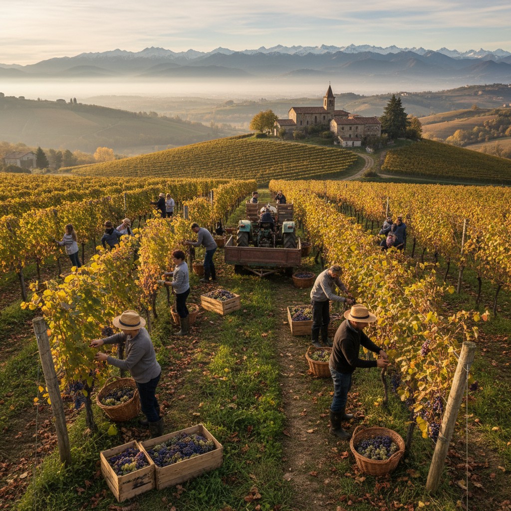 People harvesting grapes in a vineyard, the leaves are changing colours at an autumnaly time of year.