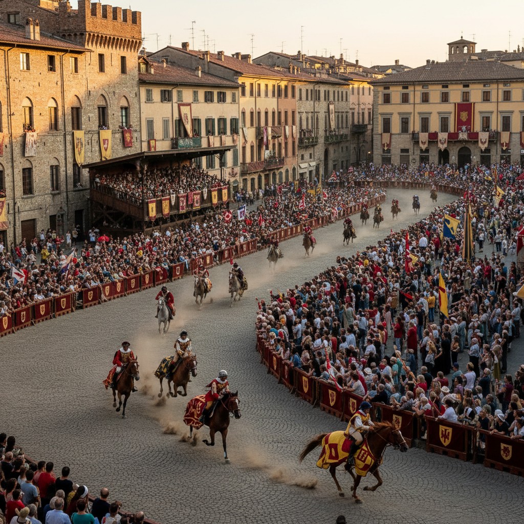 A large, horseback race in a cobblestone town square packed with spectators, lit by diffuse, brutal sunlight. Sportive yet...