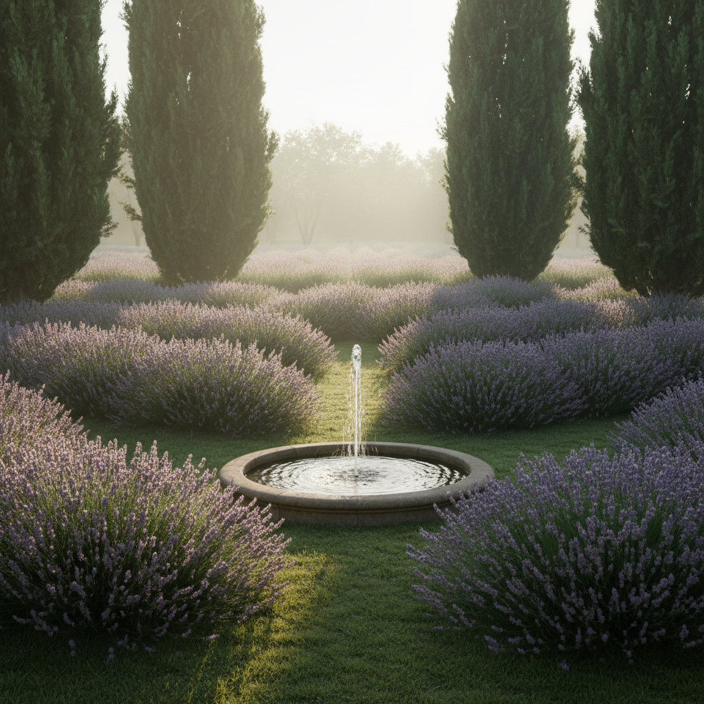 A lush, private garden framed by mature cypress trees and undulating rows of lavender, featuring an elegantly simple stone fountain at its center. The muted greens and lavenders blend harmoniously with subtle gradations in the landscape. Early morning mist lends a soft, ethereal quality to the light, with delicate highlights on dewy foliage and gentle shadows at the fountain base. The mood is peaceful and restorative, perfect for a secluded holiday retreat. Photographed from a low angle with a central composition to draw the eye to the fountain. The style is refined photographic realism with minimalist, graceful lines and a muted palette.