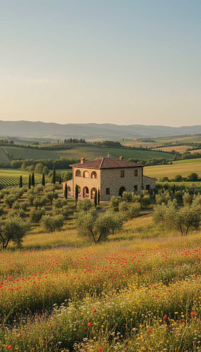 An impeccably maintained rustic stone villa with a terracotta-tiled roof and elegant, arched windows, nestled amidst rolling Piedmontese vineyards. The villa is surrounded by manicured olive trees and wildflower meadows, with distant views of cypress-dotted hills. Late afternoon sunlight bathes the scene in a warm, muted glow, casting elongated shadows and subtle highlights on the stonework. The mood is tranquil and sophisticated, capturing the essence of luxurious countryside living. Photographed from a slightly elevated angle, the composition balances the villa as the focal point with a harmonious, minimalist landscape. The style is photographic realism with refined, elegant details that convey comfort and authenticity.