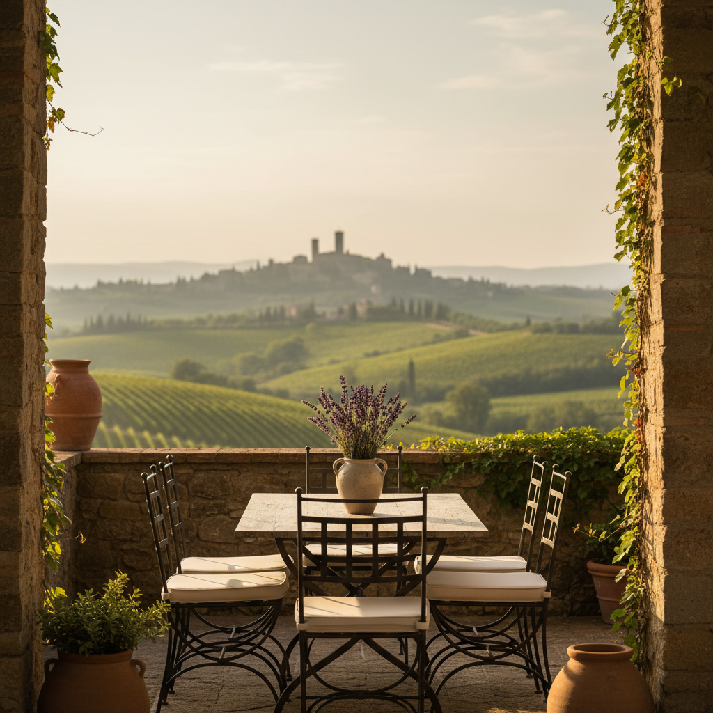 A sun-dappled private terrace furnished with a minimalist wrought-iron dining set, decorated with creamy linen cushions and a hand-thrown ceramic vase holding fresh lavender. The terrace overlooks undulating vineyards and a distant medieval town, framed by low stone walls and climbing ivy. Soft golden hour light falls across the table, creating gentle highlights and enhancing the muted earth tones of the surroundings. The mood is serene and welcoming, ideal for al fresco meals in a timeless Italian setting. Captured from an eye-level angle with a centered composition and shallow depth of field to draw focus to the table arrangement. The image is rendered in photographic realism with an understated, elegant palette.