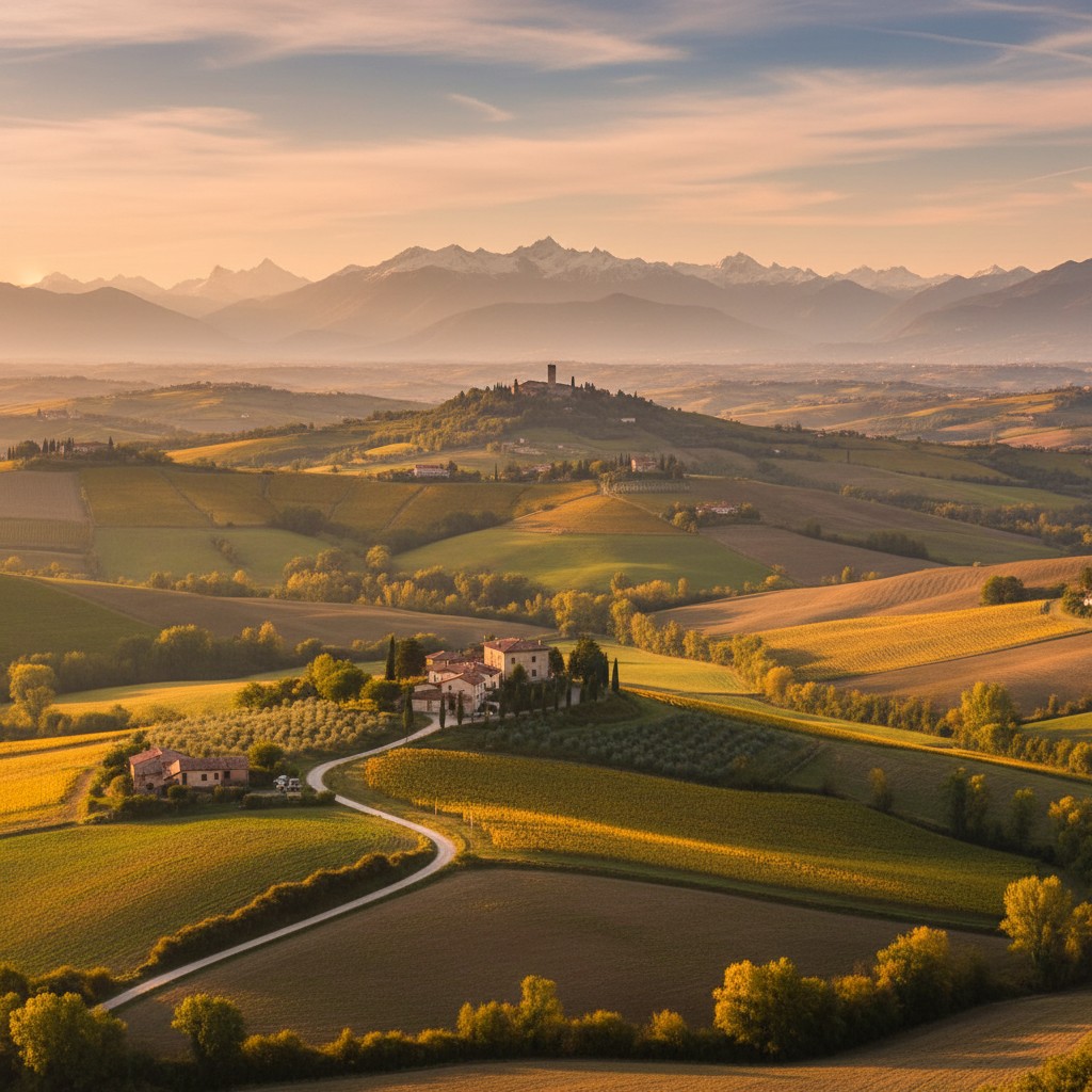 A serene landscape featuring rolling hills, farmland and greenery, overlaid with mountains on the background under a drama...