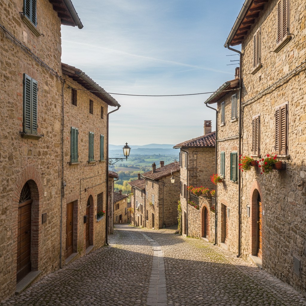 A narrow cobblestone street in a medieval village, with clean stone buildings, a tiled roof, and distant hills.