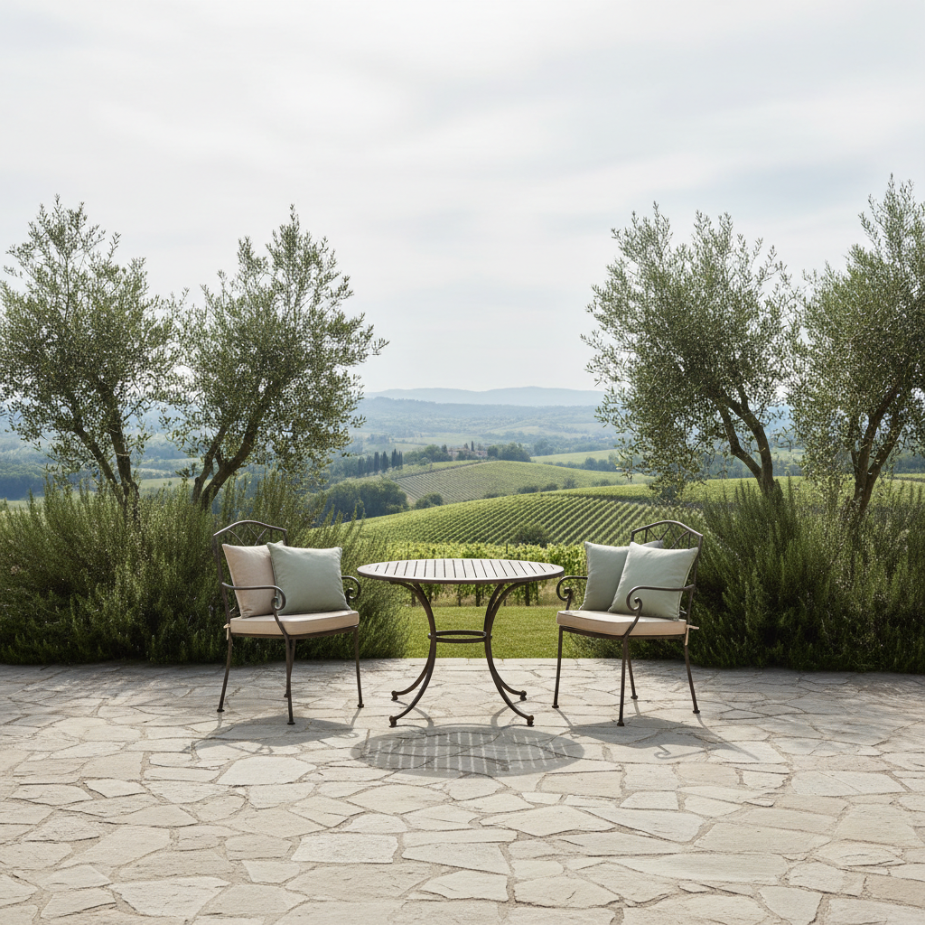 A sun-dappled outdoor living area with a refined stone terrace, understated wrought-iron garden furniture set atop natural flagstone, and elegant linen cushions in a muted beige and sage palette. Clustered olive trees and fragrant rosemary border the space, while distant hills and vineyards frame the backdrop, evoking the relaxing atmosphere of rural Piedmont. Gentle overcast daylight creates diffused, harmonious lighting, with faint shadows enhancing the sense of space and serenity. The composition adopts an eye-level perspective with ample negative space, emphasizing minimalist form and balanced arrangement. The image style is photographic with restrained, sophisticated details, designed to highlight the inviting and peaceful character of La Dolce Vita’s garden environments.