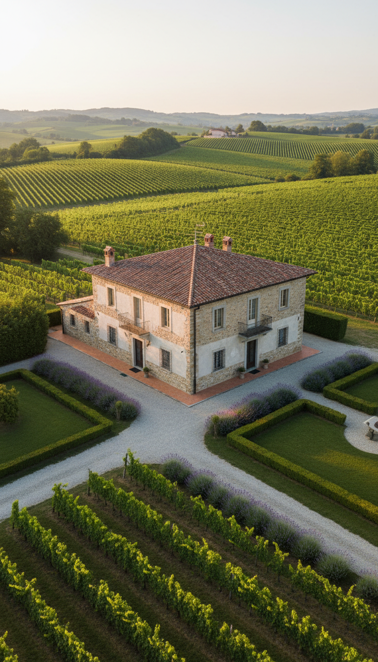 An exquisitely restored stone farmhouse with weathered ochre and pale grey walls, classic rustic roof tiles, and subtle wrought-iron details, nestled amidst gently rolling green vineyards and neat garden paths. The house is surrounded by manicured lawns, sculpted box hedges, and lavender bushes, with a backdrop of the serene Piedmont countryside stretching into the distance. Soft, diffused golden hour sunlight bathes the scene, emphasizing muted earth tones and creating gentle highlights on the textured stone and surrounding foliage. The mood is tranquil and refined, evoking a sense of understated luxury. Captured from a slightly elevated angle with sharp focus throughout, the composition adheres to minimalist elegance, conveying photographic realism and sophisticated charm, ideal for showcasing premium holiday accommodations.