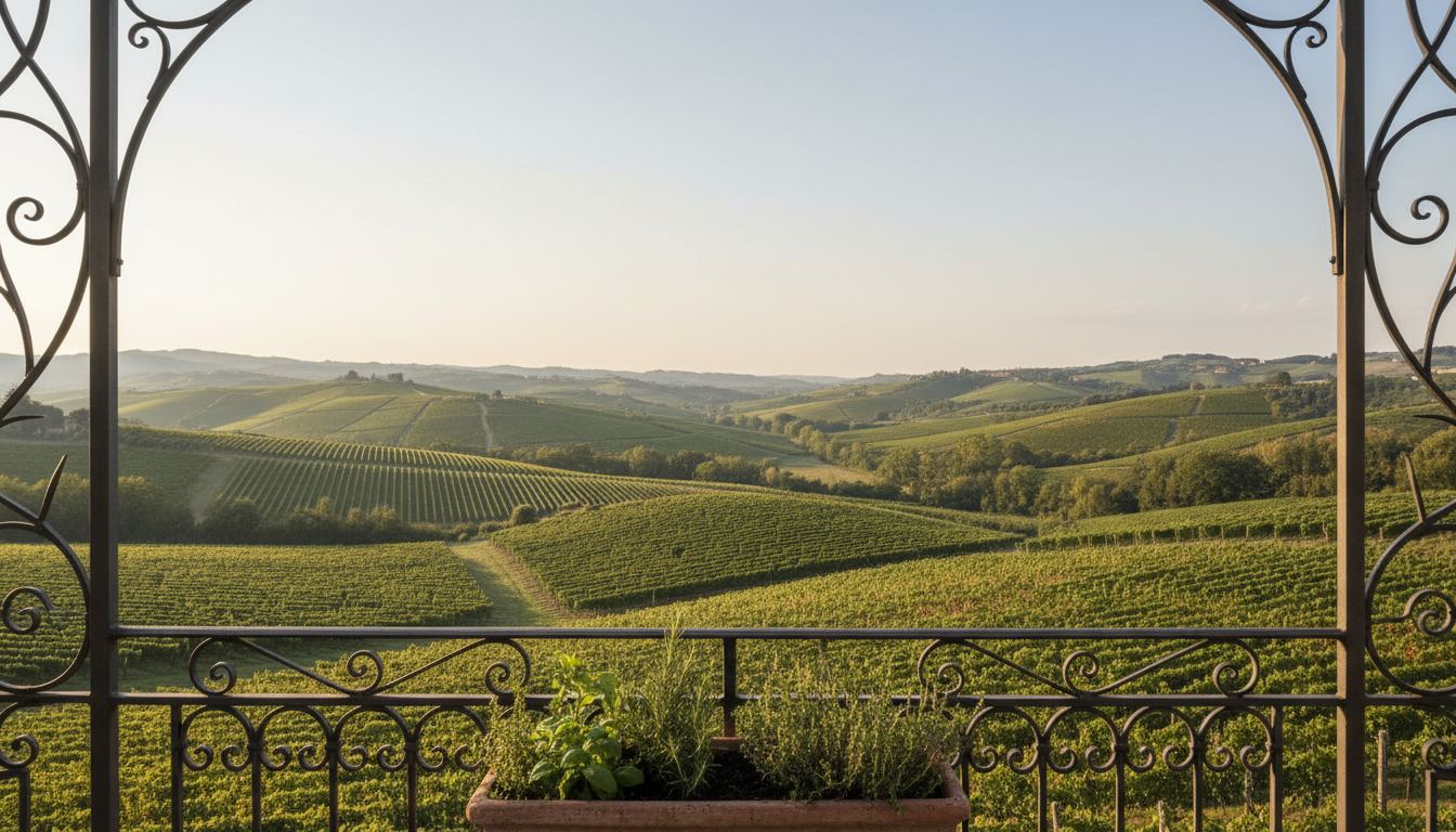A scenic view of the surrounding Piedmont landscape, framed by the elegant wrought-iron railing of a private terrace. The foreground features a simple terracotta planter with aromatic herbs, set against an infinity of orderly vineyards and gentle hills in soft olive and dusky green tones. The low, golden afternoon sun enhances rows of vines and creates long, subtle shadows across the land. The composition uses a wide-angle lens and centered framing to capture depth and tranquility, focusing on the harmony between cultivated landscape and refined terrace space. The overall mood is contemplative, peaceful, and evokes a sense of escape, captured with minimalist photographic style and sophisticated color restraint—ideal for communicating the unique location to prospective guests.