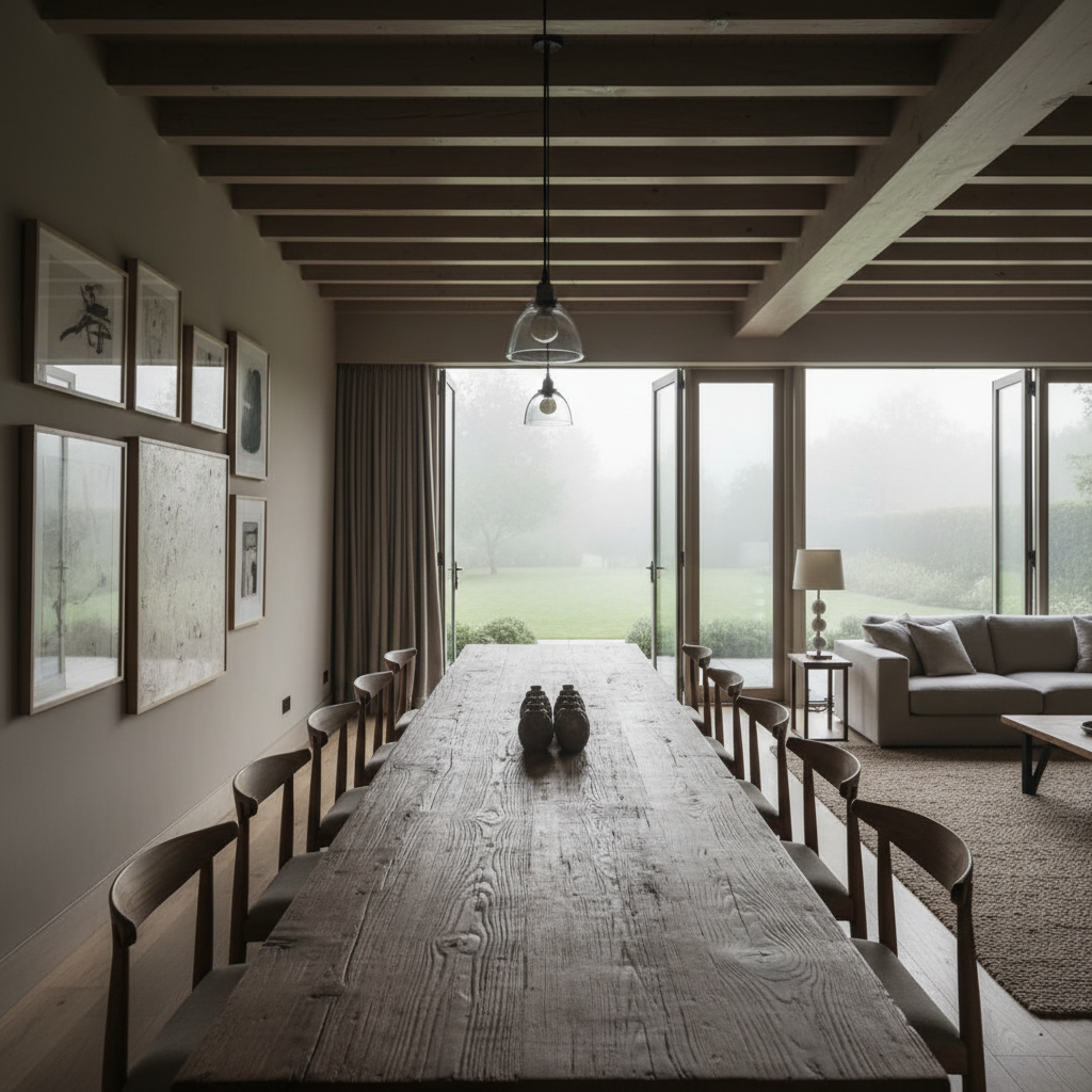 An expansive open-plan dining and living area featuring a long rustic wooden table with a natural finish, paired with slimline mid-century modern chairs upholstered in neutral linen. Soft, taupe-hued walls and exposed wooden ceiling beams add character, while a subtle collection of contemporary art hangs with careful spacing. Large French doors open onto tranquil gardens, allowing misty early morning light to spill inside and create gentle gradients across the space. The composition is balanced, using the rule of thirds and maintaining a shallow depth of field, with crisp focus on the tactile grain of the table. The mood is sophisticated and inviting, reflecting the blend of tradition and modernity that defines the property. The image style remains photographic, mute in palette, and refined in detail.
