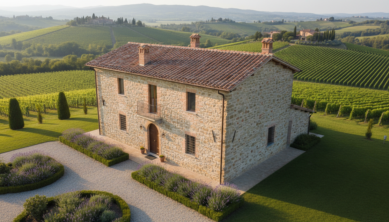 An exquisitely restored stone farmhouse with weathered ochre and pale grey walls, classic rustic roof tiles, and subtle wrought-iron details, nestled amidst gently rolling green vineyards and neat garden paths. The house is surrounded by manicured lawns, sculpted box hedges, and lavender bushes, with a backdrop of the serene Piedmont countryside stretching into the distance. Soft, diffused golden hour sunlight bathes the scene, emphasizing muted earth tones and creating gentle highlights on the textured stone and surrounding foliage. The mood is tranquil and refined, evoking a sense of understated luxury. Captured from a slightly elevated angle with sharp focus throughout, the composition adheres to minimalist elegance, conveying photographic realism and sophisticated charm, ideal for showcasing premium holiday accommodations.