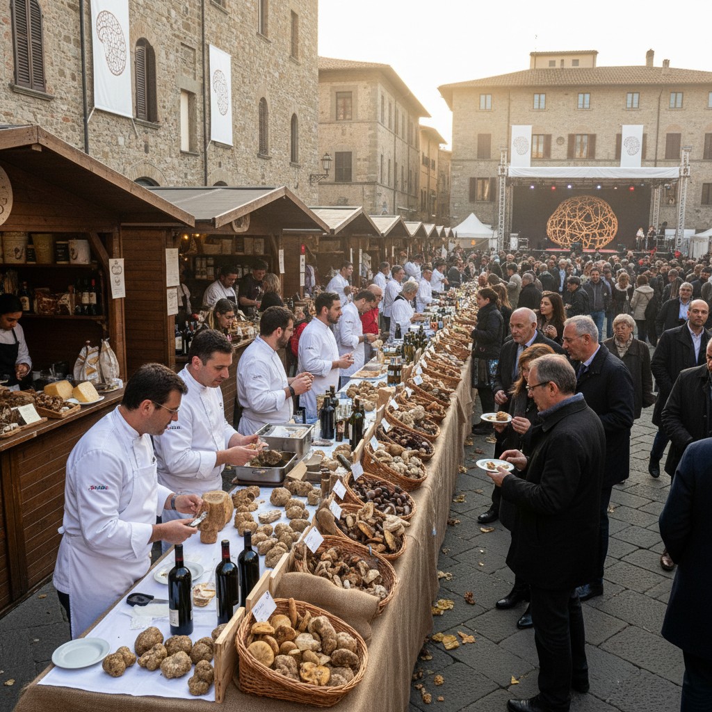 Festive street market scene with numerous vendors and long tables laden with food and drinks.