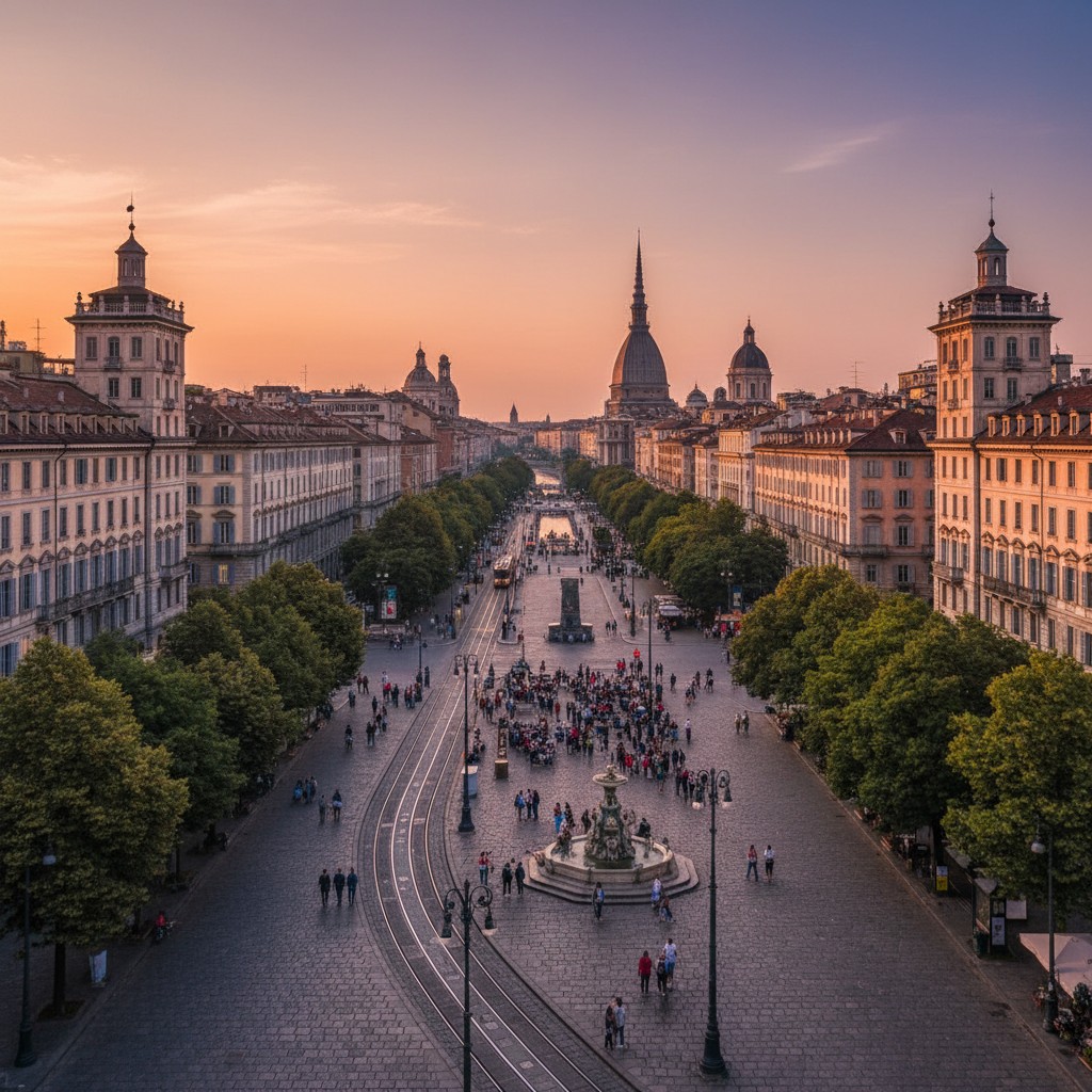 A wide, tree-lined boulevard in an urban centre, teeming with pedestrians and surrounded by multi-story buildings and seve...